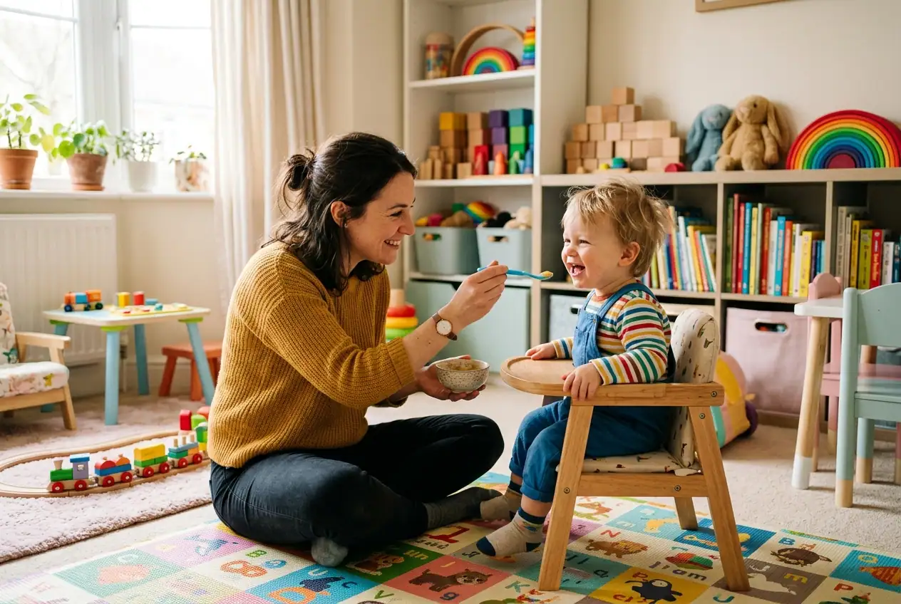 atefenusre-child-home-care-nursery-service4 وظایف پرستار کودک در منزل چیست - پرستار بچه در حال غذا دادن به کودک